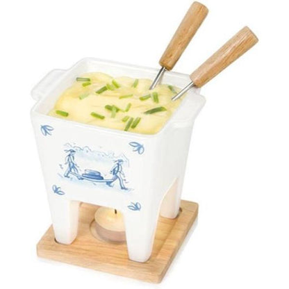 Boska Delfts Blauw fonduepan met Waxinelichtje en 2 Fonduevorkjes